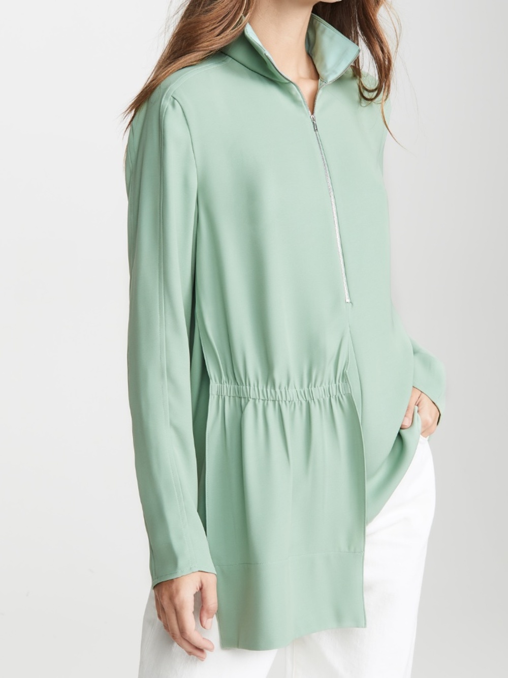 NWOT Tibi Sage Green‎ Mock Neck Zip-Up Asymmetric Blouse Size 0